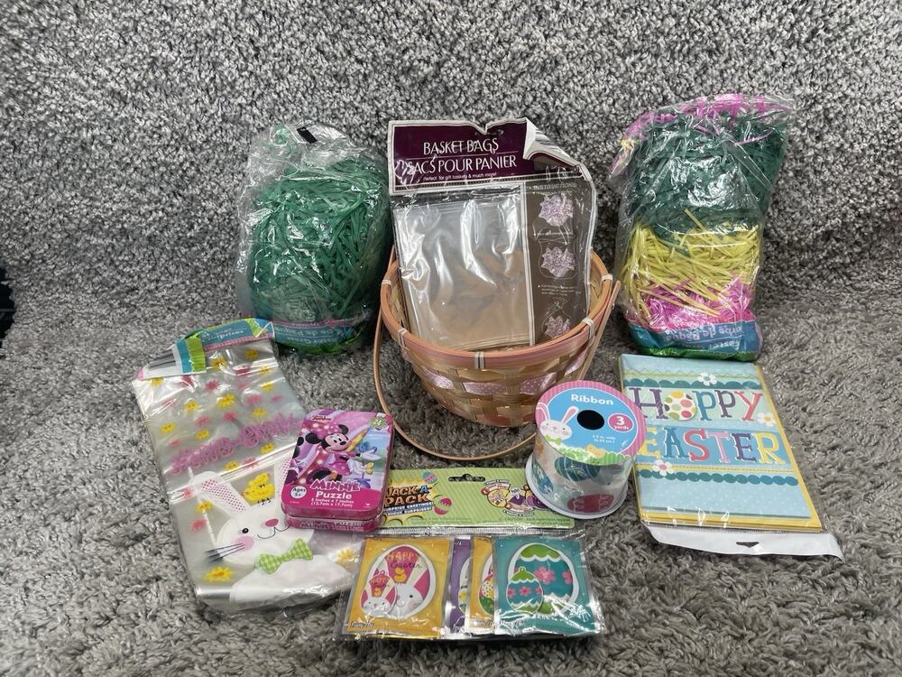 DIY Easter Basket Kit Wicker Basket Filler Ribbon Plastic Bags Minnie Puzzle Dec